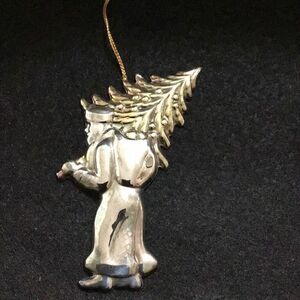 Ornament vintage silver and gold tone 4 inch Santa carrying Christmas tree